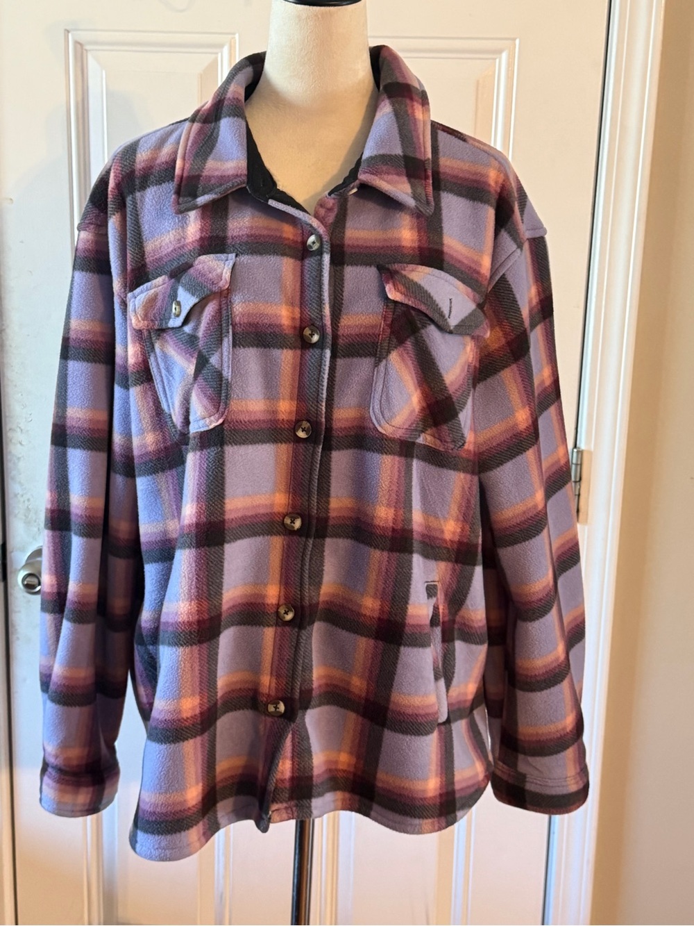 Sage Lavender Plaid Fleece Button-Up Jacket size XXL
